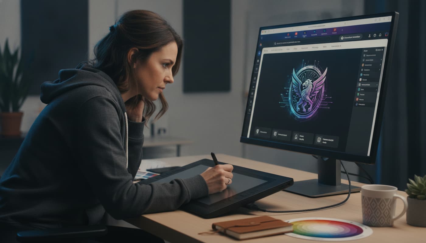 Un professionnel utilise un stylet sur une tablette graphique devant un écran affichant une interface de création graphique avec un emblème détaillé, entouré d'un carnet et d'un cercle chromatique.