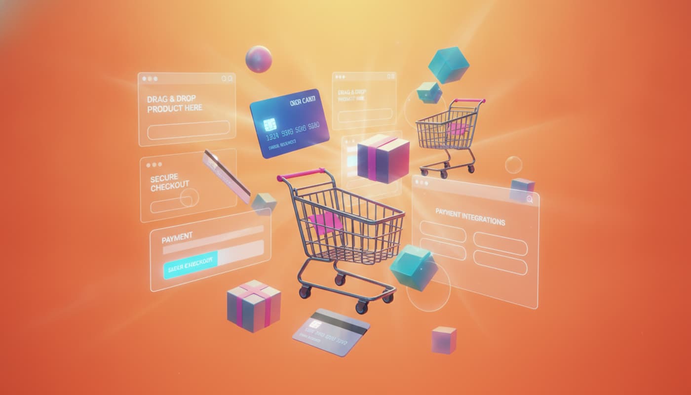 Scène conceptuelle d'e-commerce montrant des paniers, cartes de crédit et boîtes de produits en 3D flottant et interagissant avec une interface de site web à glisser-déposer, sur un fond dégradé orange et jaune avec un éclairage dynamique.