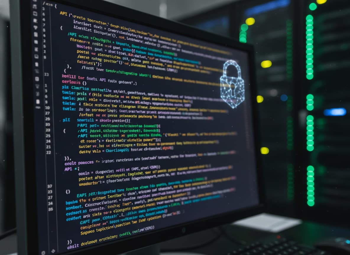 Gros plan macro d'un écran affichant des lignes de code coloré et un cadenas numérique, avec en fond flou une salle de serveurs aux lumières LED bleues et vertes.