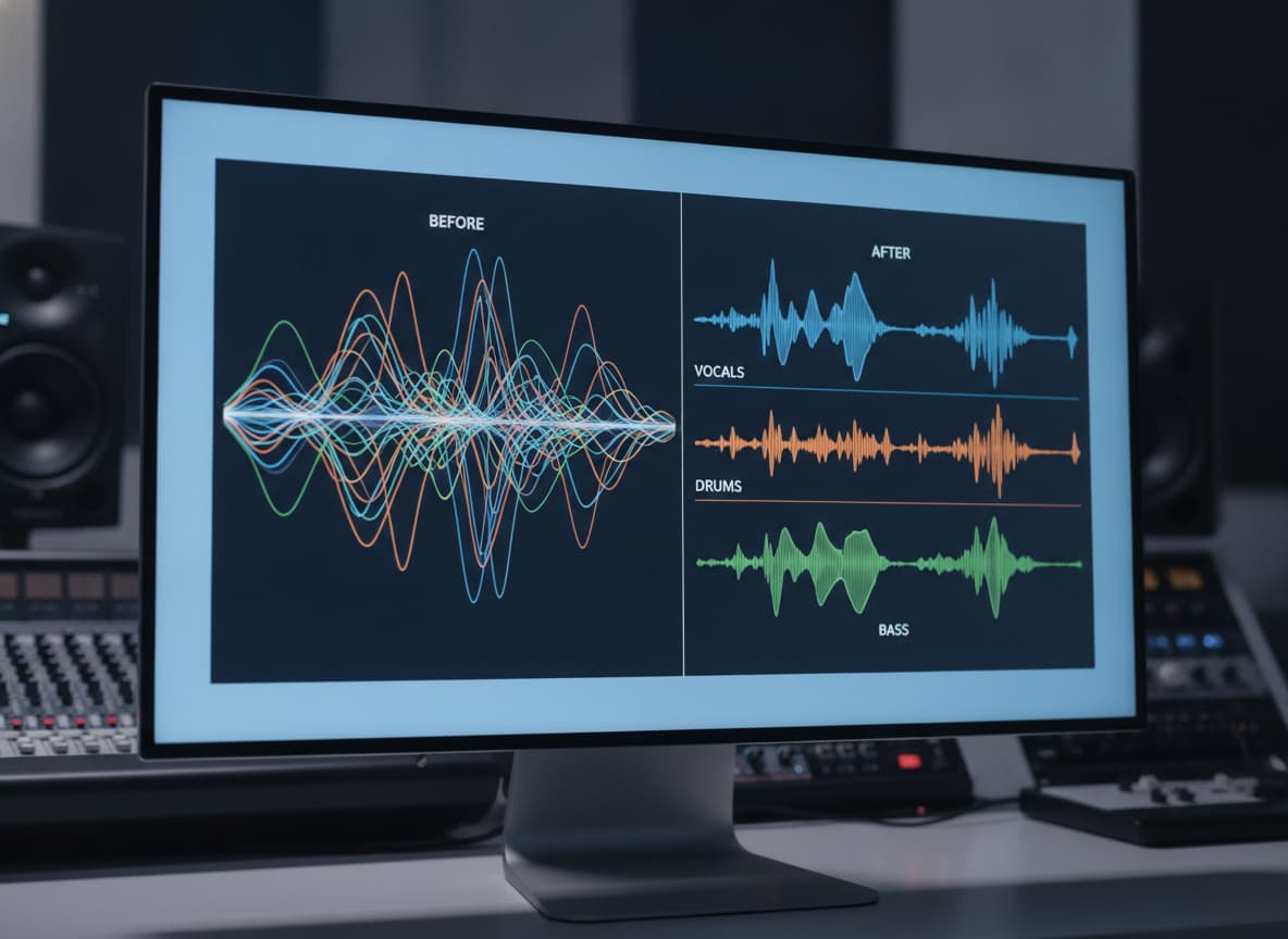 Un écran d'ordinateur affiche un logiciel d'édition audio présentant des formes d'ondes colorées et distinctes pour la voix, la batterie et la basse, sur fond de studio de musique flou.