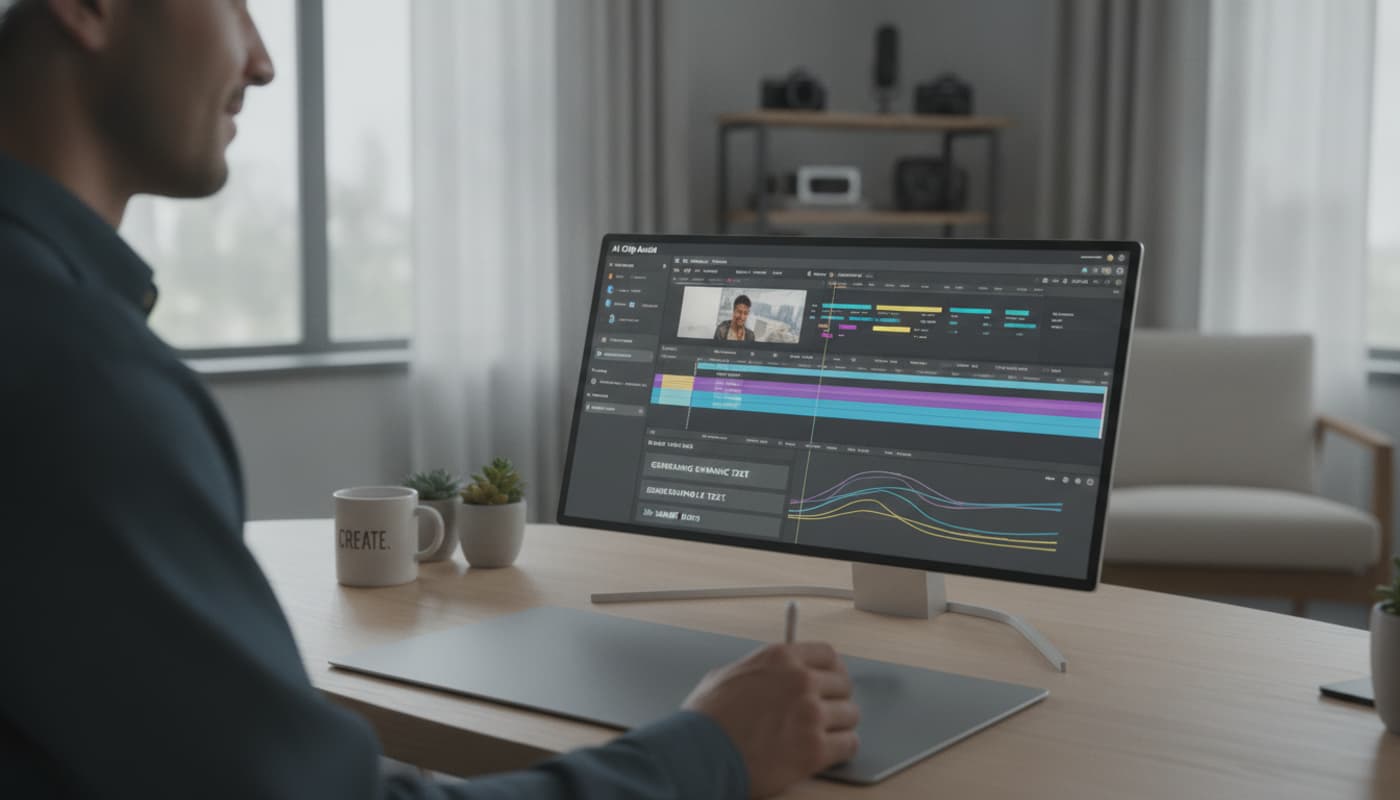 Un créateur de contenu vu de dos regarde un écran d'ordinateur portable affichant un logiciel de montage vidéo avec des outils d'IA de clipping et de sous-titrage dynamique, dans un bureau à domicile baigné de lumière naturelle.