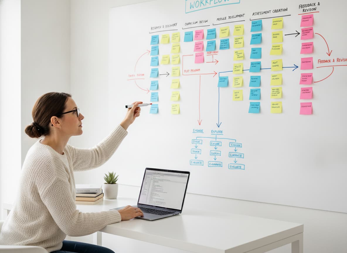 Un enseignant assis à un bureau organise un workflow sur un tableau blanc avec des post-it colorés et des flèches, un ordinateur portable ouvert à côté.