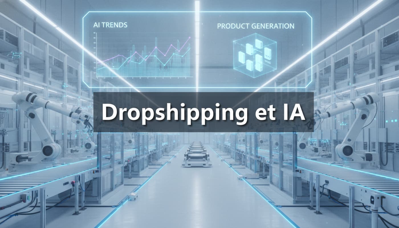 Un entrepôt automatisé moderne est surmonté d'une interface holographique bleue affichant des graphiques de données et le texte Dropshipping et IA.