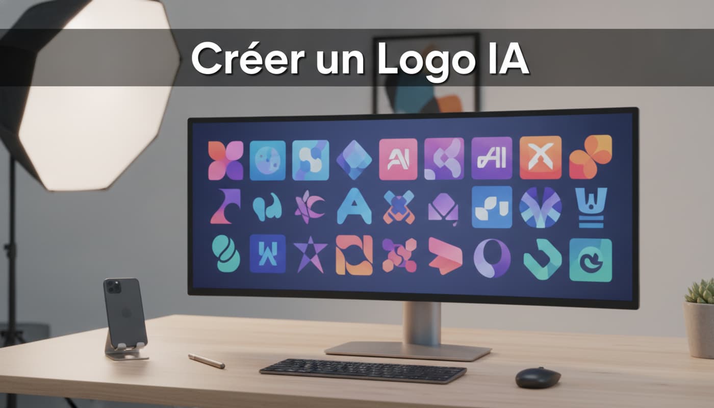 Espace de travail moderne avec un écran d'ordinateur affichant des concepts de logo IA colorés, un smartphone et un stylet sur un bureau en bois, éclairage de studio professionnel et superposition du texte 'Créer un Logo IA' sur un fond sombre semi-transparent.