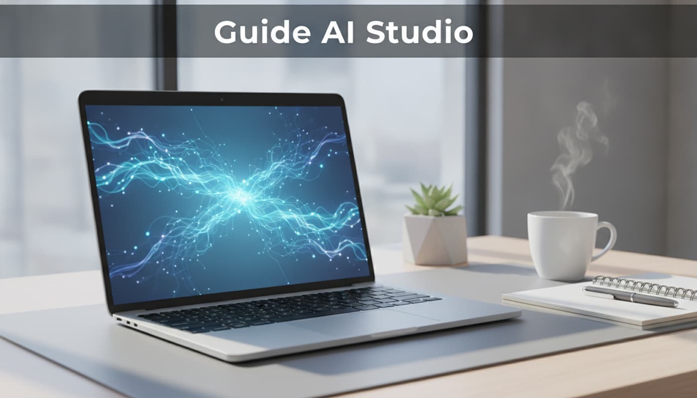 Un espace de travail moderne avec un ordinateur portable allumé affichant une interface de réseau neuronal abstrait, à côté d’un carnet et d’une tasse de café, sous un éclairage naturel doux, avec le texte 'Guide AI Studio' en surimpression.