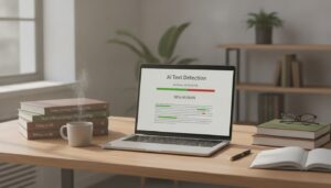 Espace de travail moderne avec un ordinateur portable affichant des résultats de logiciel de détection de texte IA, entouré de livres académiques et d'une tasse de café, sous un éclairage naturel doux.