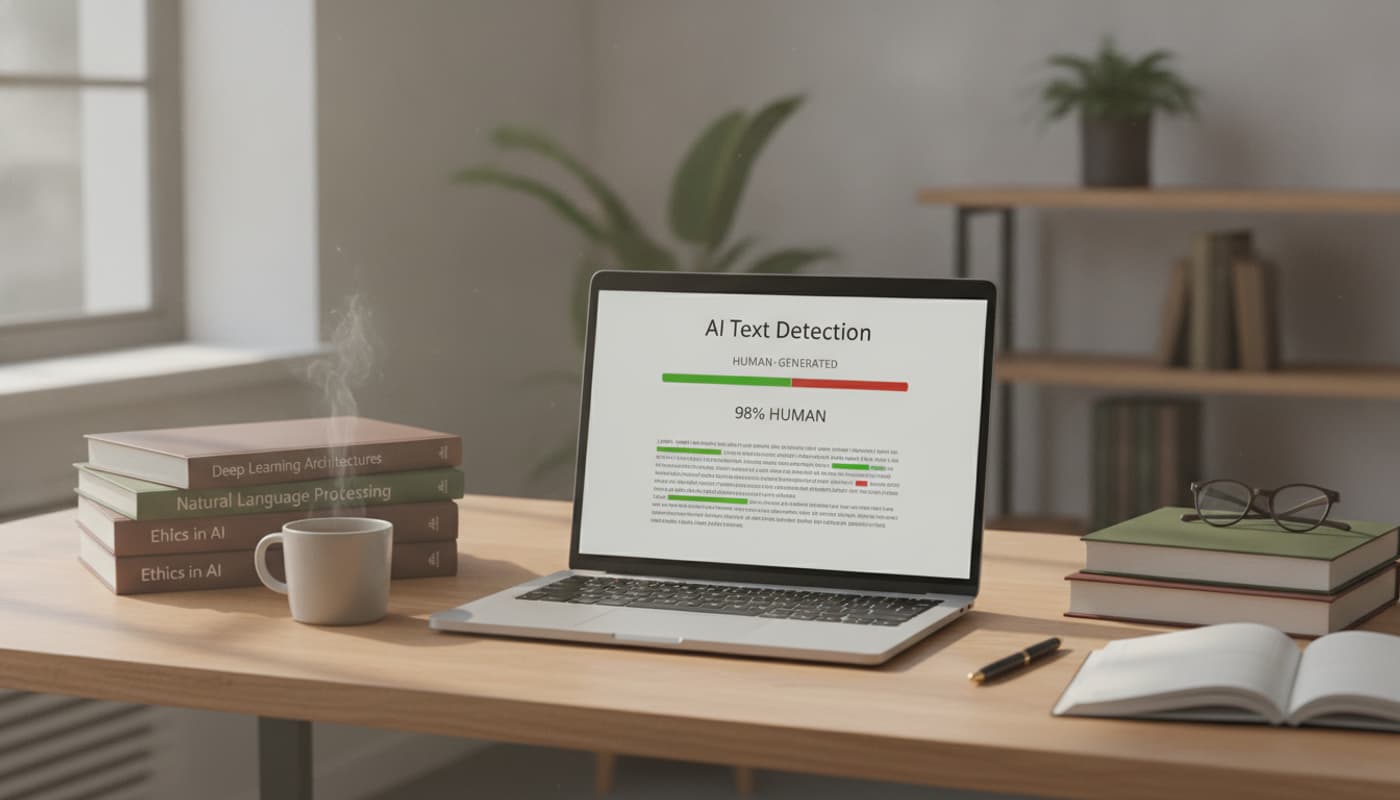Espace de travail moderne avec un ordinateur portable affichant des résultats de logiciel de détection de texte IA, entouré de livres académiques et d'une tasse de café, sous un éclairage naturel doux.