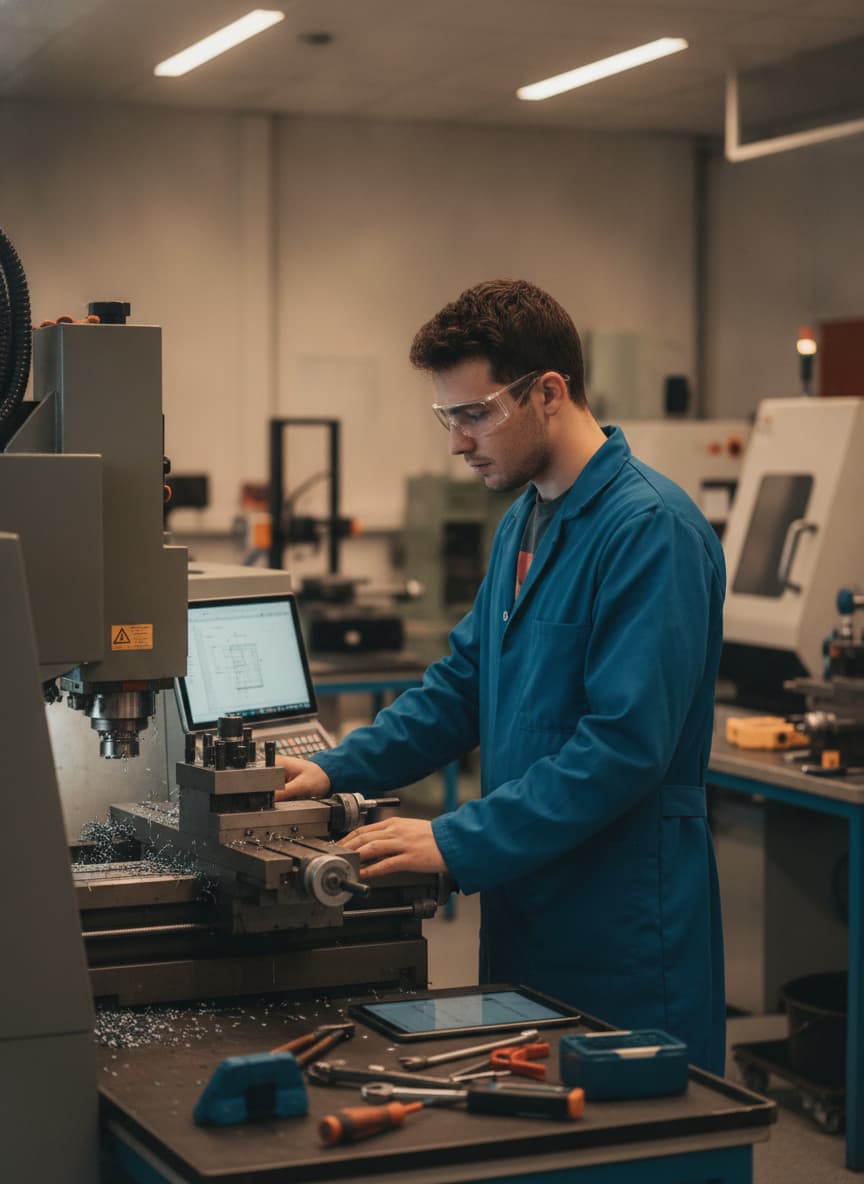 Un étudiant portant des lunettes de protection travaille attentivement sur le panneau de contrôle d'une machine à commande numérique CNC dans un atelier industriel.