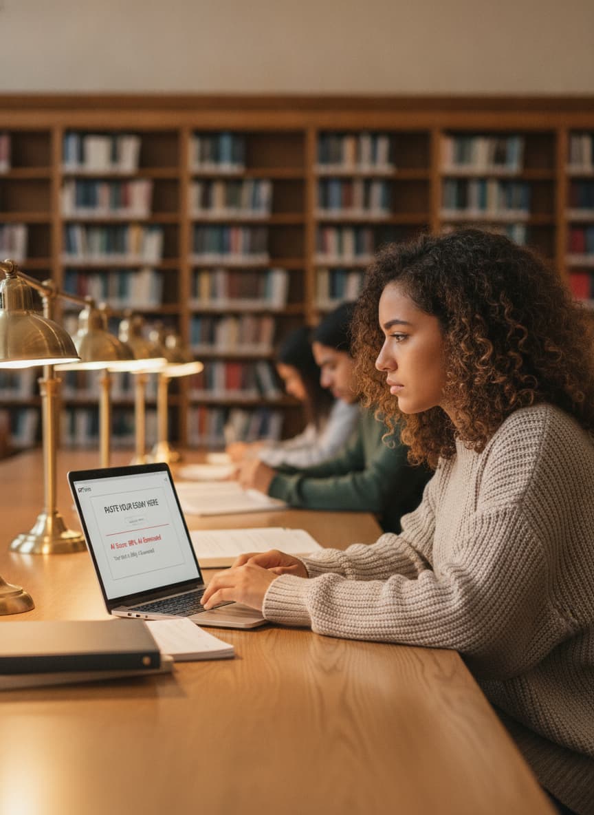 Étudiant assis dans une bibliothèque universitaire devant un ordinateur portable affichant GPTZero pour vérifier une dissertation, avec des étagères de livres et des lampes d'étude en flou artistique à l'arrière-plan.