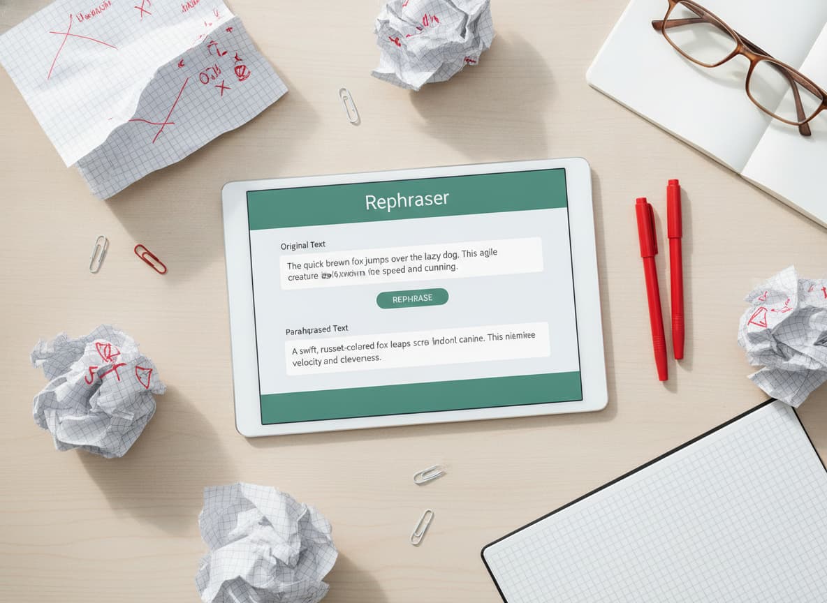 Composition éditoriale en vue zénithale avec une tablette affichant l'interface de Rephraser, entourée de brouillons imprimés et de stylos rouges, sous un éclairage naturel.