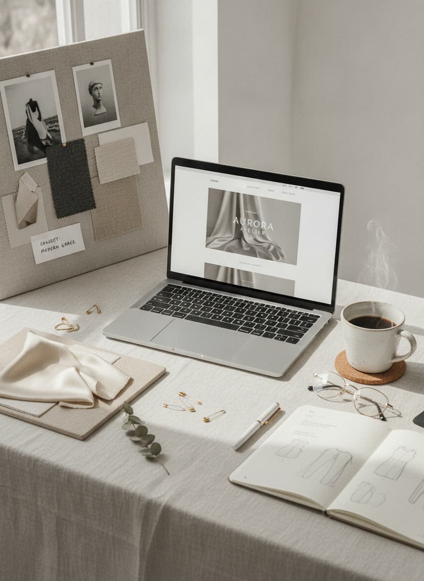 Un mood board de mode haut de gamme avec un ordinateur portable affichant un modèle de site Web minimaliste, des échantillons de tissu et une tasse à café en céramique dans une lumière douce de fenêtre.