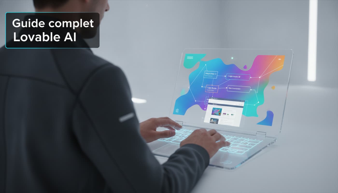 Une personne utilise un ordinateur portable affichant une interface de développement no-code colorée, avec le texte Guide complet Lovable AI écrit en superposition sur un bandeau sombre.