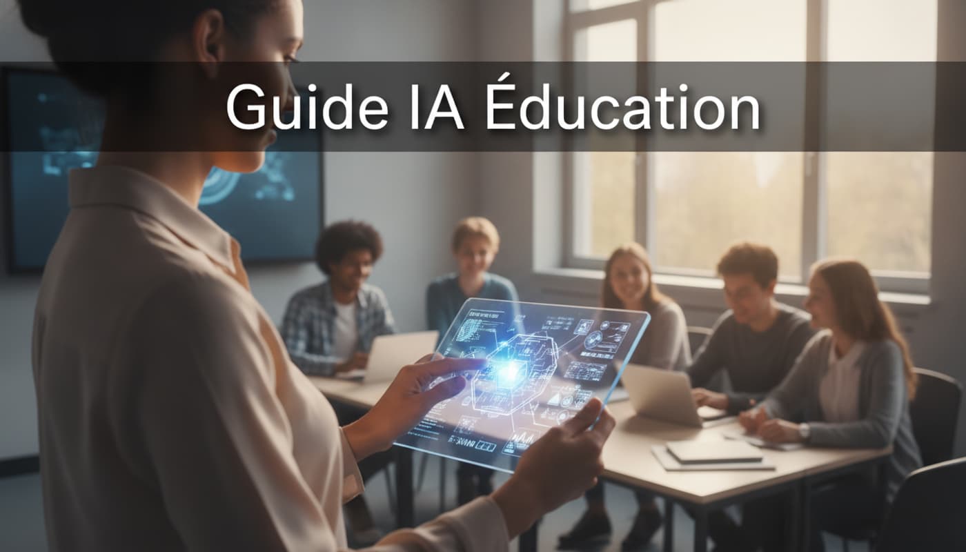 Un enseignant utilise une tablette affichant une interface d'IA lumineuse dans une salle de classe moderne, avec des élèves flous collaborant en arrière-plan, et le texte 'Guide IA Éducation' superposé.