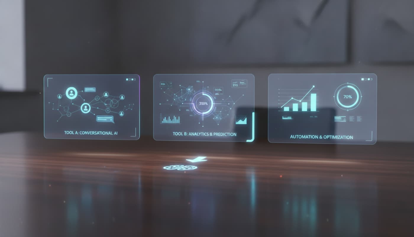 Trois écrans holographiques lumineux affichant des interfaces de discussion abstraites et des métriques flottent au-dessus d'un bureau en bois sombre dans une composition minimaliste.