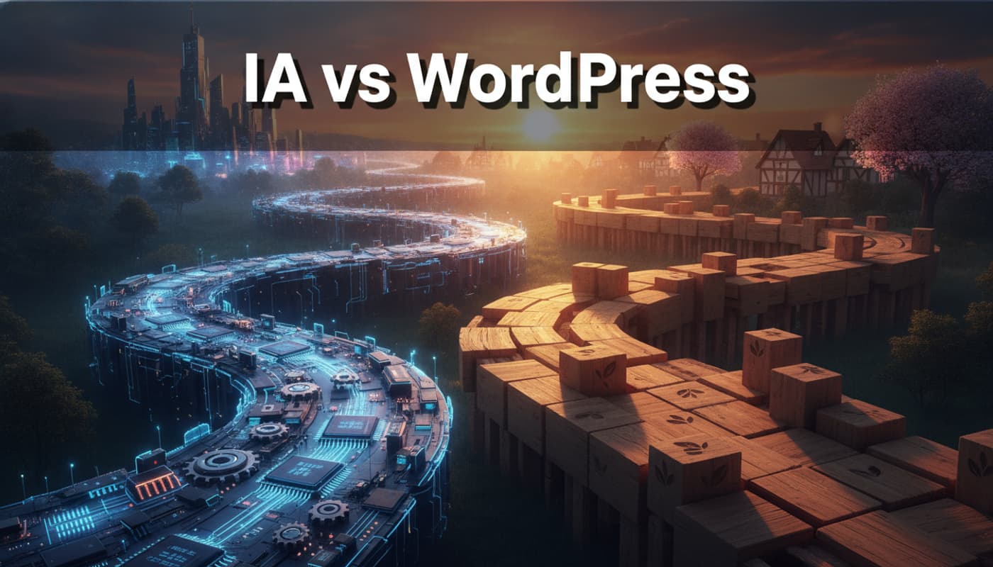 Un carrefour avec un chemin en microprocesseurs et engrenages lumineux et un autre en blocs de bois, sous un coucher de soleil dramatique, texte 'IA vs WordPress' superposé.