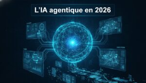 Un nœud de réseau neuronal lumineux interagit avec des interfaces numériques et des flux de données bleus et cyans dans un style technologique moderne.