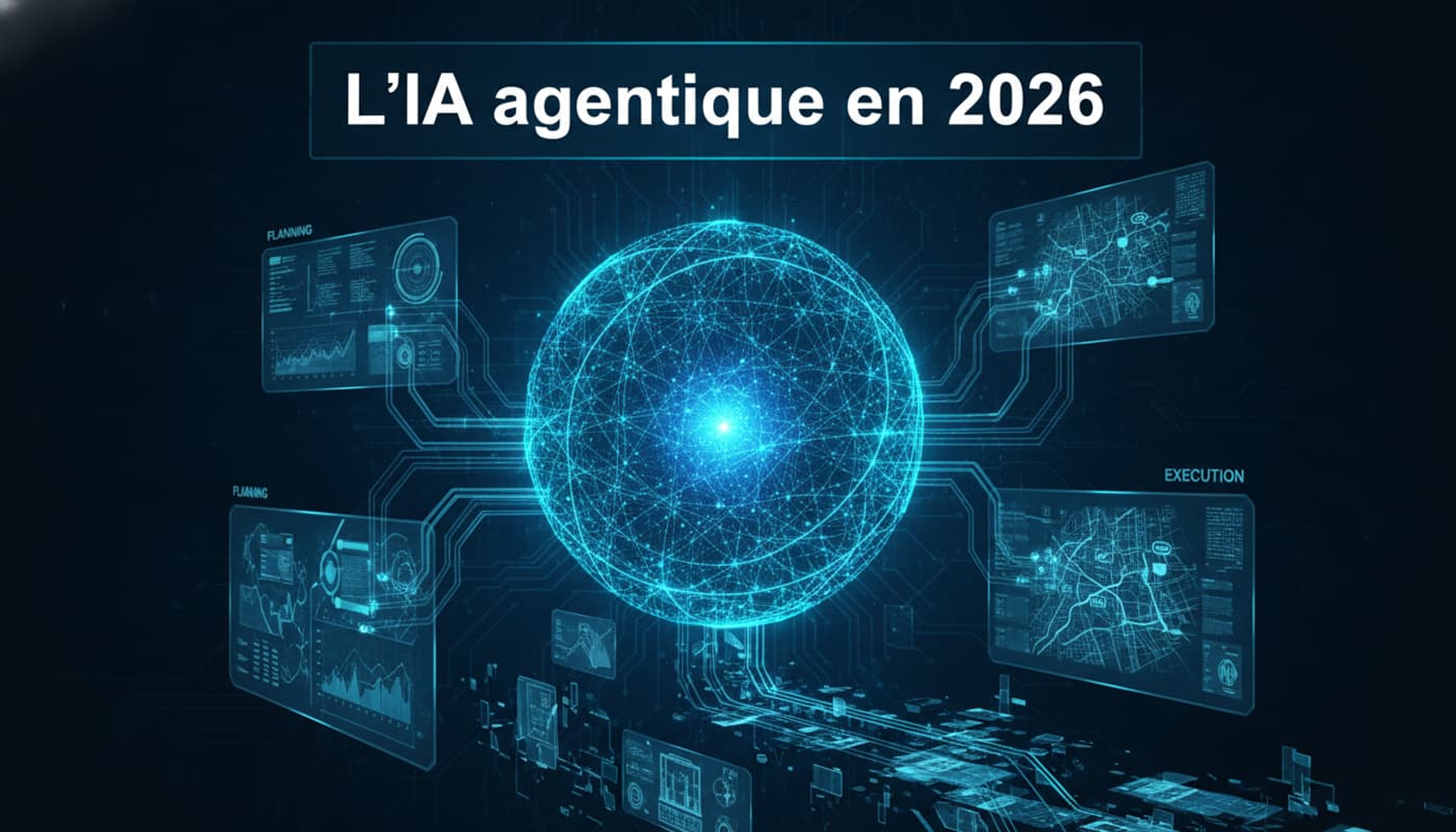 Un nœud de réseau neuronal lumineux interagit avec des interfaces numériques et des flux de données bleus et cyans dans un style technologique moderne.