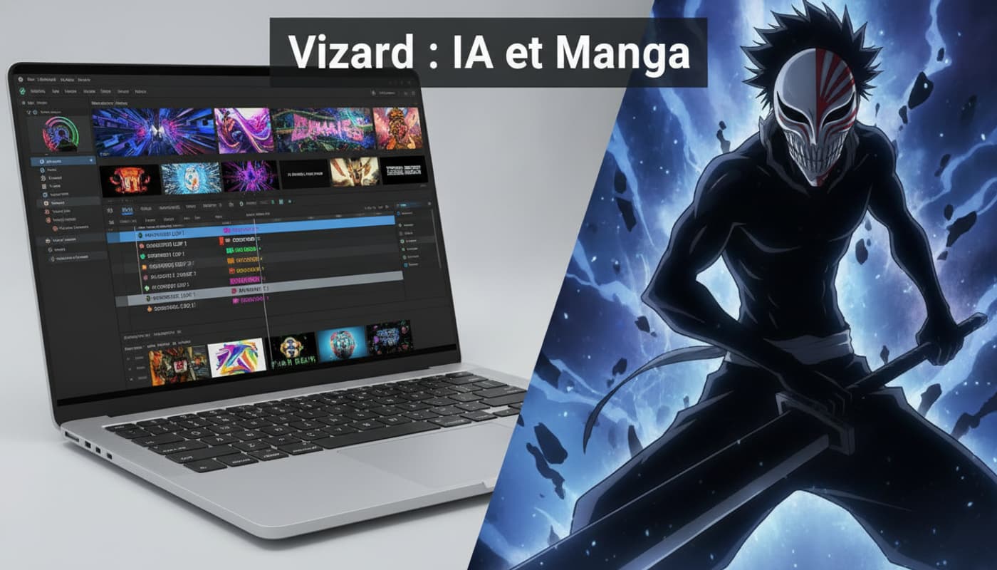 Composition partagée avec à gauche un ordinateur portable affichant une timeline de montage vidéo avec des clips générés par IA et des sous-titres colorés, et à droite une silhouette de guerrier au masque blanc creux de style anime, avec le texte 'Vizard : IA et Manga' superposé.