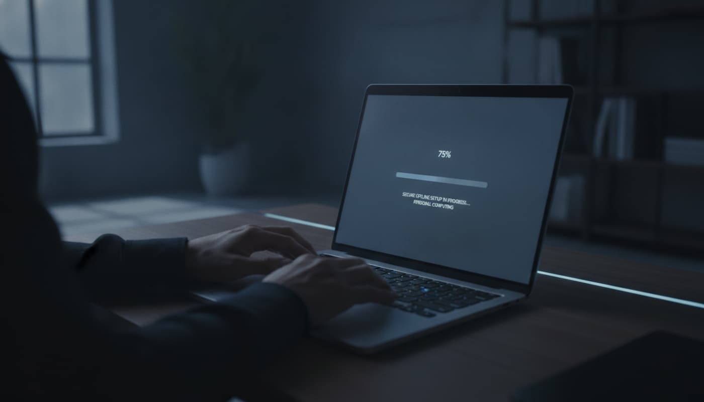 Gros plan par-dessus l'épaule d'une personne tapant sur un clavier d'ordinateur portable, écran affichant une barre de progression d'installation logicielle en mode sombre, dans une pièce moderne faiblement éclairée.