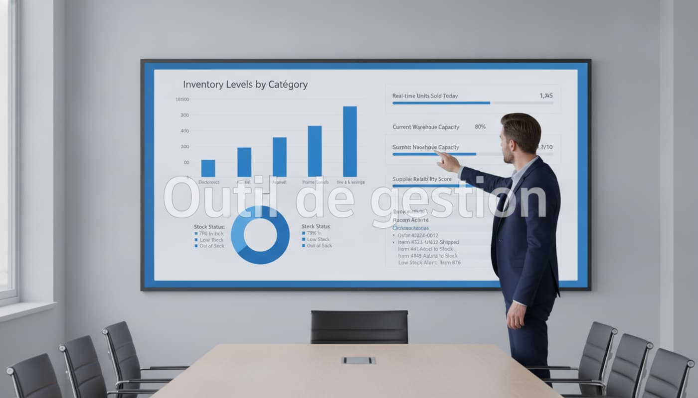 Un grand écran de bureau affiche un tableau de bord de gestion des stocks avec des graphiques colorés, tandis qu'une main pointe vers l'interface surmontée du texte transparent Outil de gestion.