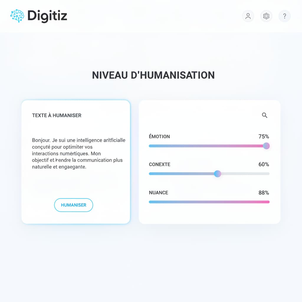 Une interface logicielle minimaliste en français affiche une zone de saisie de texte et des curseurs de réglage colorés pour ajuster le niveau d'humanisation.