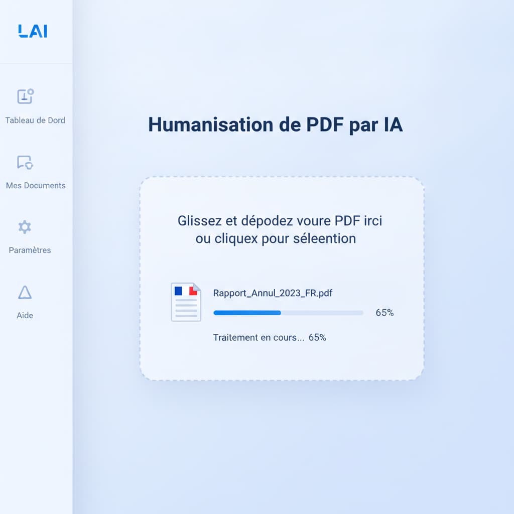 Une interface utilisateur épurée aux tons bleu doux affiche le traitement en cours d'un document PDF en français avec une barre de progression.