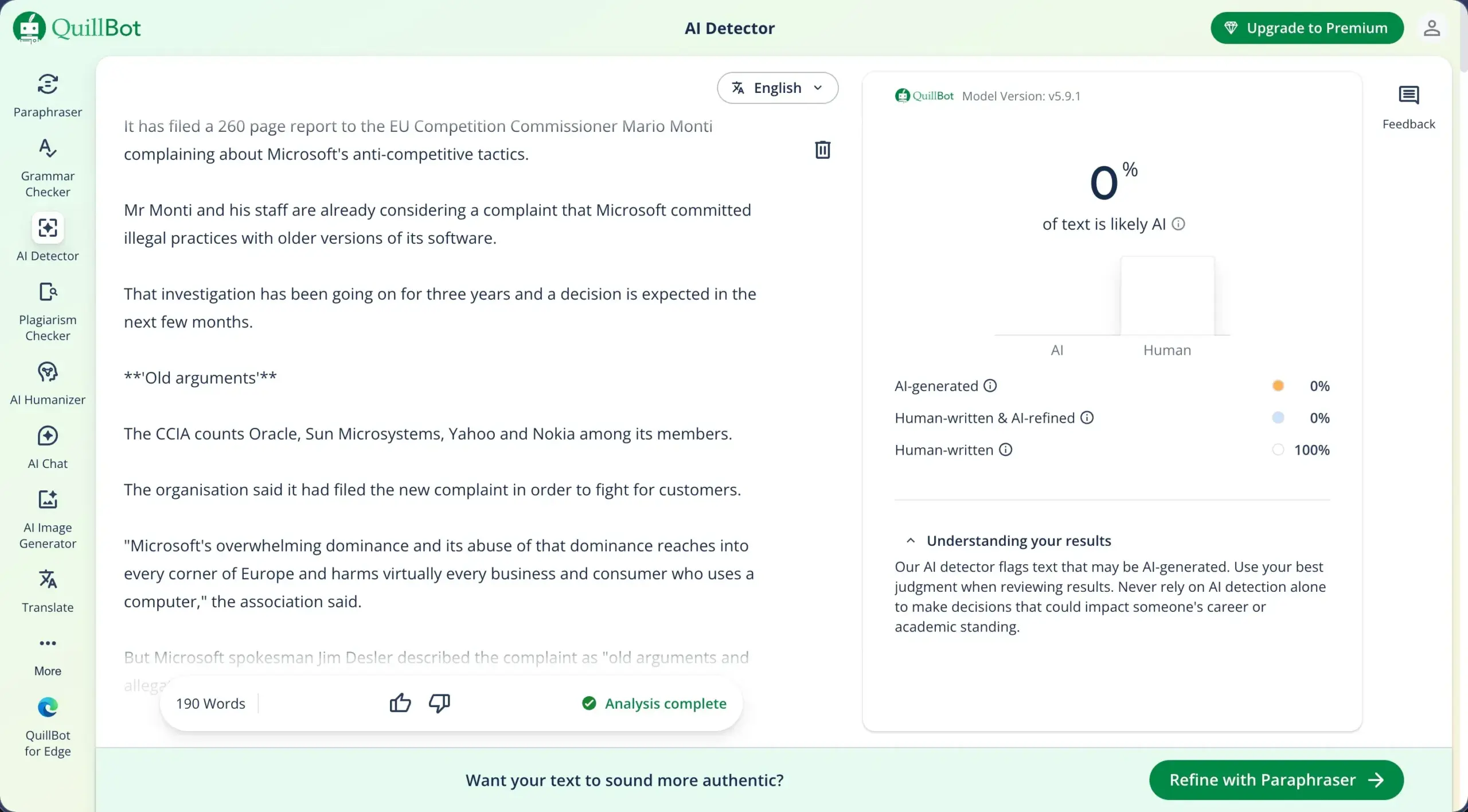 Capture d'écran de l'interface épurée de Quillbot AI Humanizer affichant un texte en français en cours de reformulation dans un design moderne.