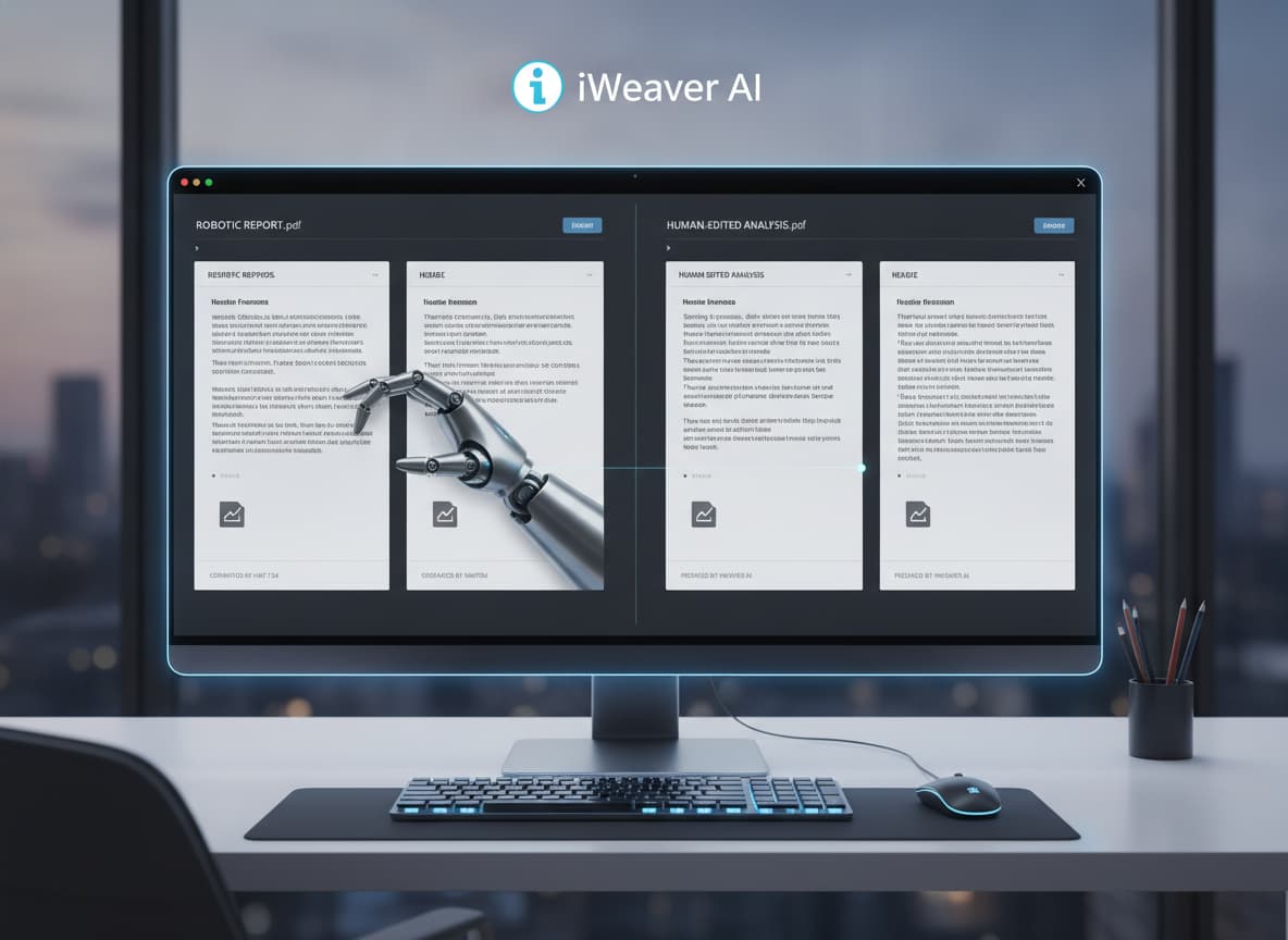 Un espace de travail numérique affiche deux documents PDF côte à côte, montrant la transformation d'un texte rigide à gauche en une version fluide et naturelle à droite avec une mise en page identique.