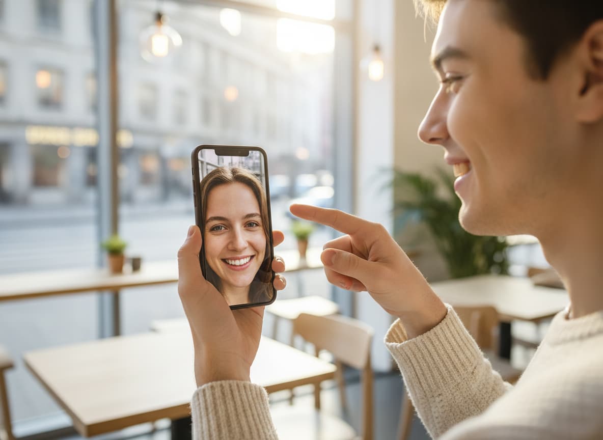 Jeune personne debout dans un café lumineux, tenant un smartphone affichant un selfie éclatant avec un arrière-plan flou.