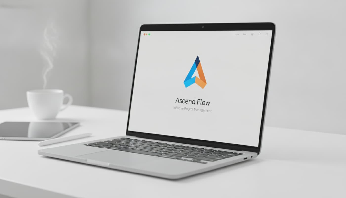 Vue en trois quarts d'un laptop affichant un écran avec une interface web minimaliste et un logo géométrique moderne bleu et orange, avec une tablette et un café floutés en arrière-plan.