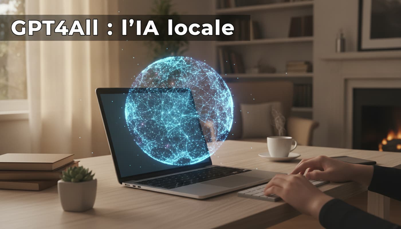 Un ordinateur portable moderne sur un bureau en bois dans un bureau à domicile confortable, avec un hologramme lumineux de réseau neuronal projeté depuis l'écran et le texte 'GPT4All : l'IA locale' en surimpression.