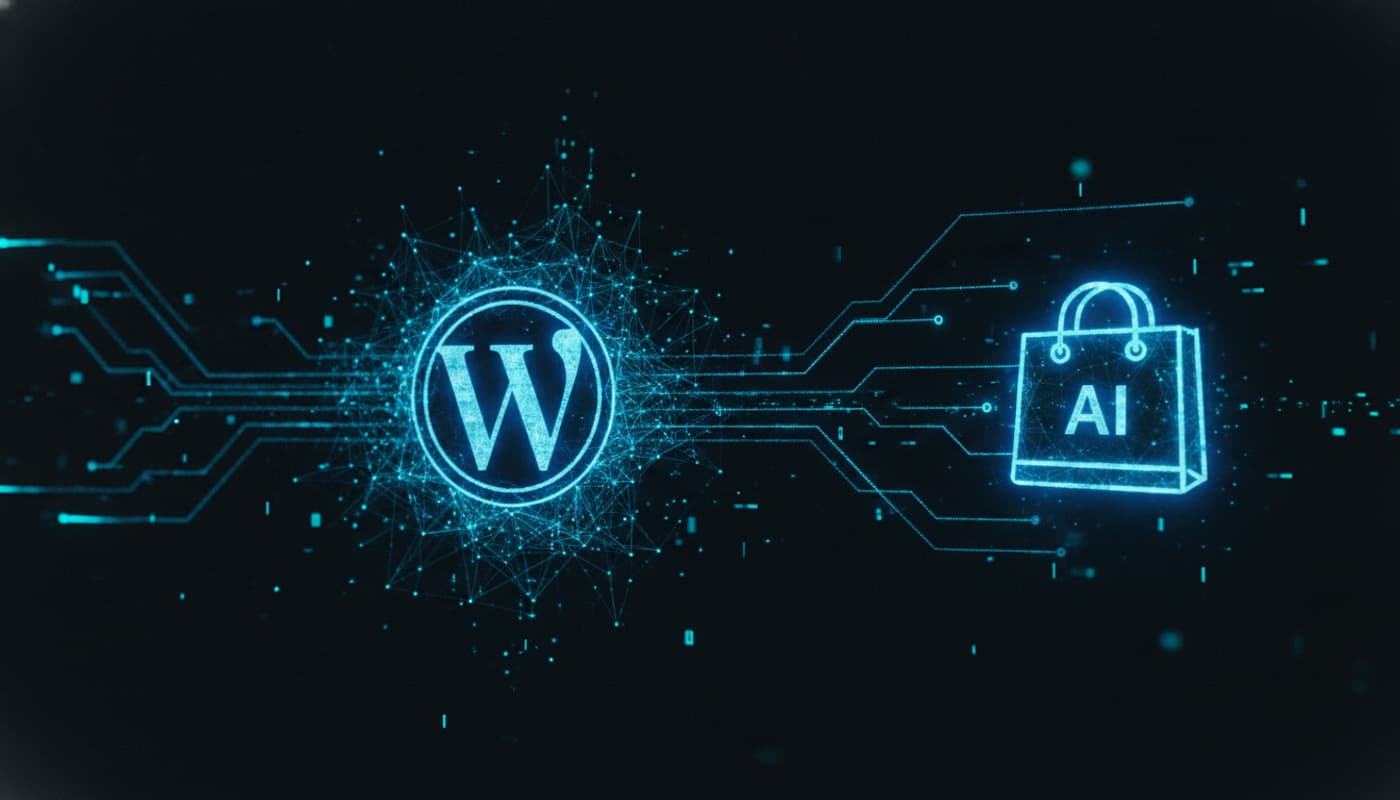 Un logo WordPress subtilement intégré dans un réseau neuronal numérique bleu lumineux se connectant à un sac de shopping e-commerce, sur fond sombre avec des flux de données cyan et bleus, illustration numérique cinématographique.