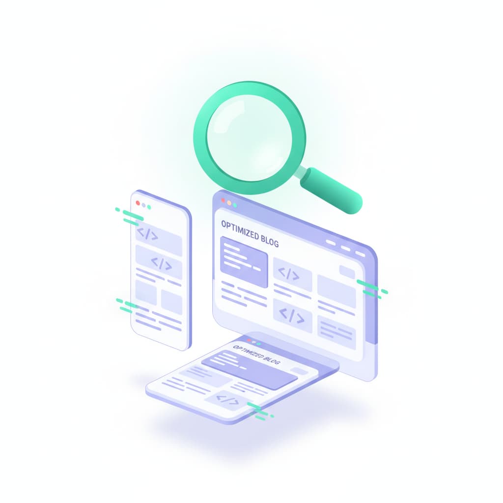 Une loupe de moteur de recherche verte lumineuse en trois dimensions plane au-dessus d'une maquette de site web responsive avec versions mobile et bureau, sur un fond blanc épuré et des ombres douces de studio.