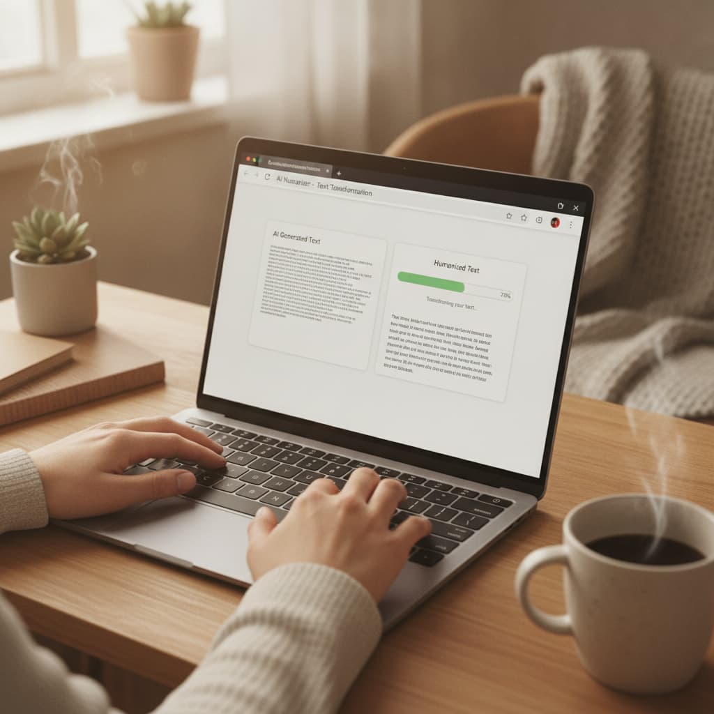 Gros plan de mains tapant sur un clavier avec l'interface du logiciel AI Humanizer affichée à l'écran, montrant une barre de progression de transformation de texte, dans un bureau à domicile confortable.