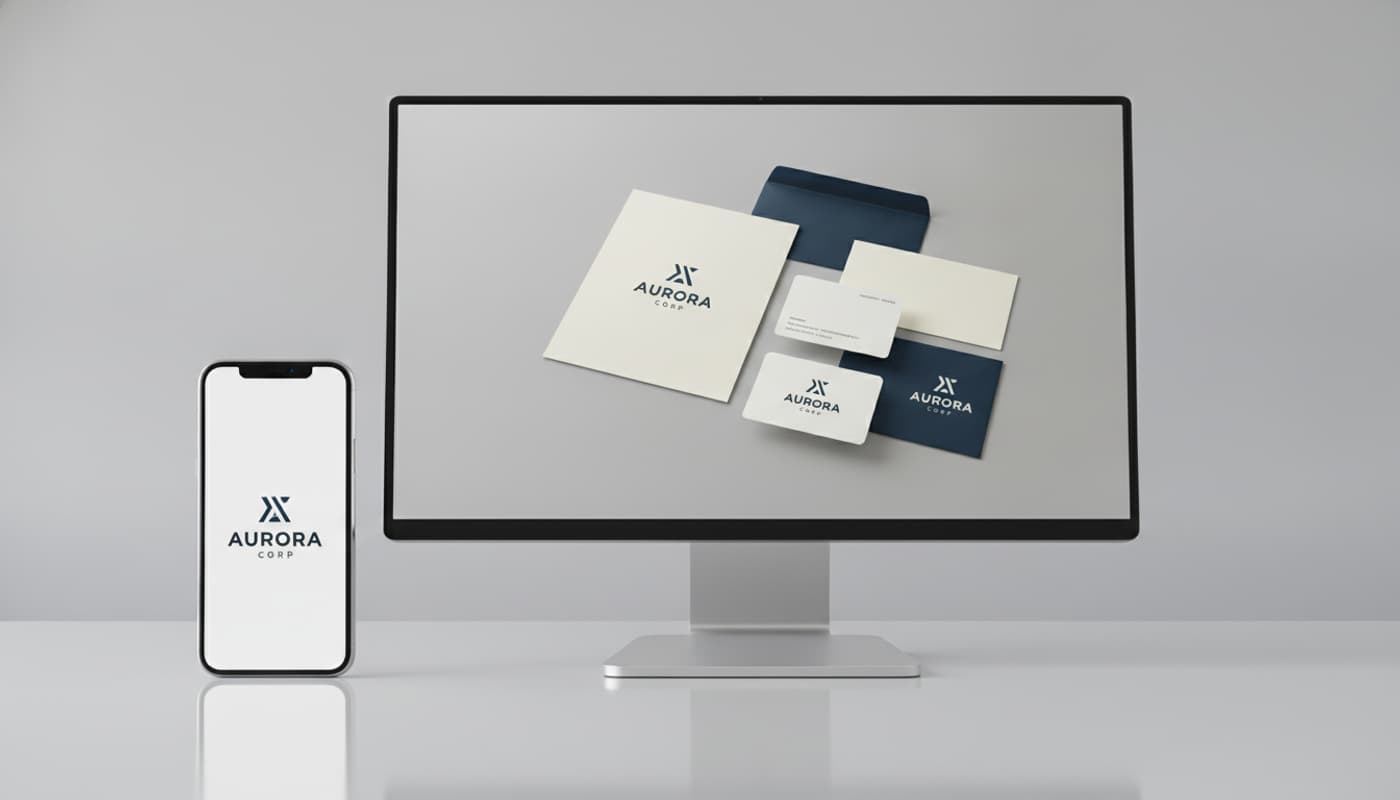 Un smartphone et un moniteur d'ordinateur côte à côte affichent une maquette d'identité visuelle épurée avec un logo typographique sur des cartes de visite et du papier à en-tête, sur fond gris neutre en éclairage diffus.