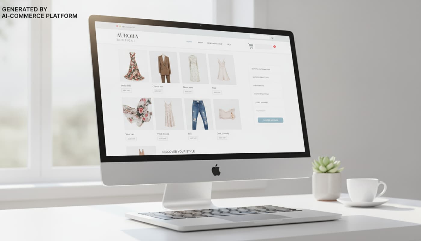 Un écran d'ordinateur affiche la maquette d'un site e-commerce de mode épuré, présentant une grille de vêtements et un panier d'achat dans un espace lumineux.
