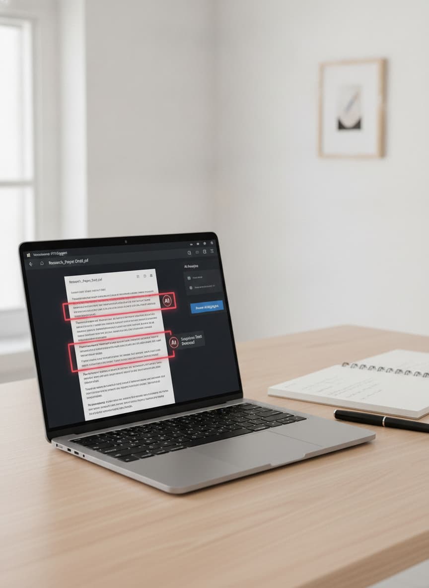 Un ordinateur portable ouvert sur un bureau minimaliste affiche l'interface d'un logiciel PDF avec du texte surligné par un outil de détection automatique à côté d'un carnet et d'un stylo.