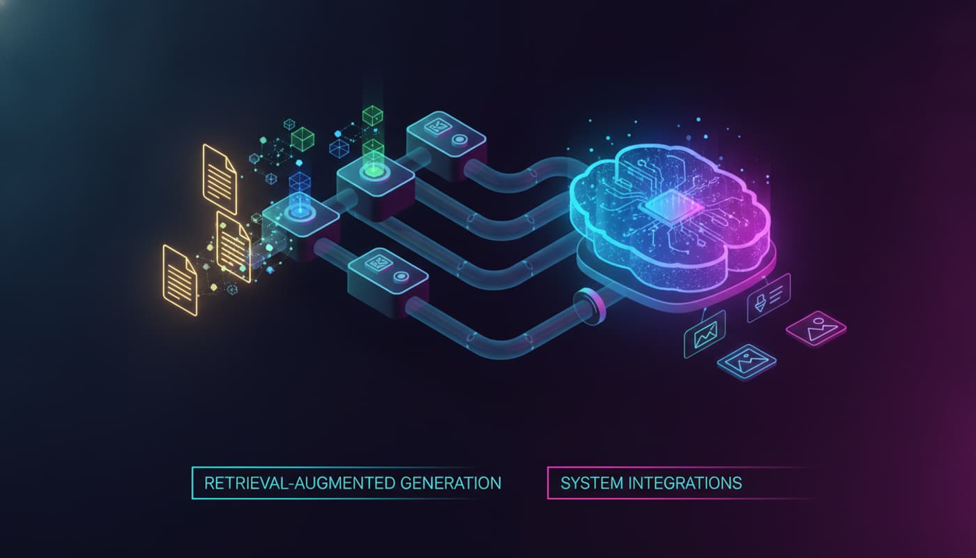 Illustration isométrique abstraite en trois dimensions d’un pipeline de données complexe : des icônes de documents lumineux sont transformées en nœuds vectoriels géométriques qui convergent vers un cerveau d’intelligence artificielle central, le tout sur un fond sombre avec des dégradés néon cyan et magenta.