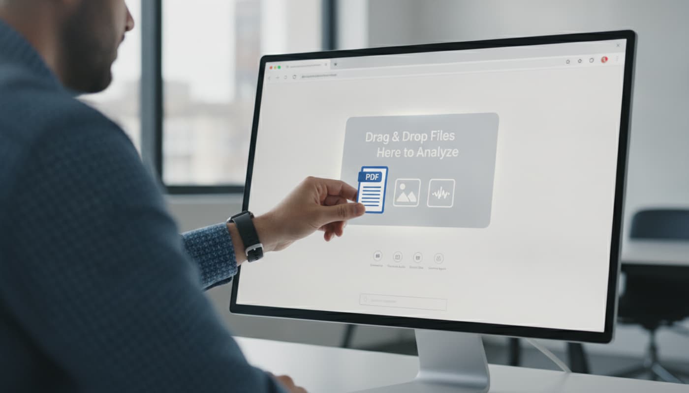 Gros plan sur une personne utilisant une interface web d'IA multimodale, faisant glisser des icônes de fichiers PDF, image et audio dans une fenêtre de chat.