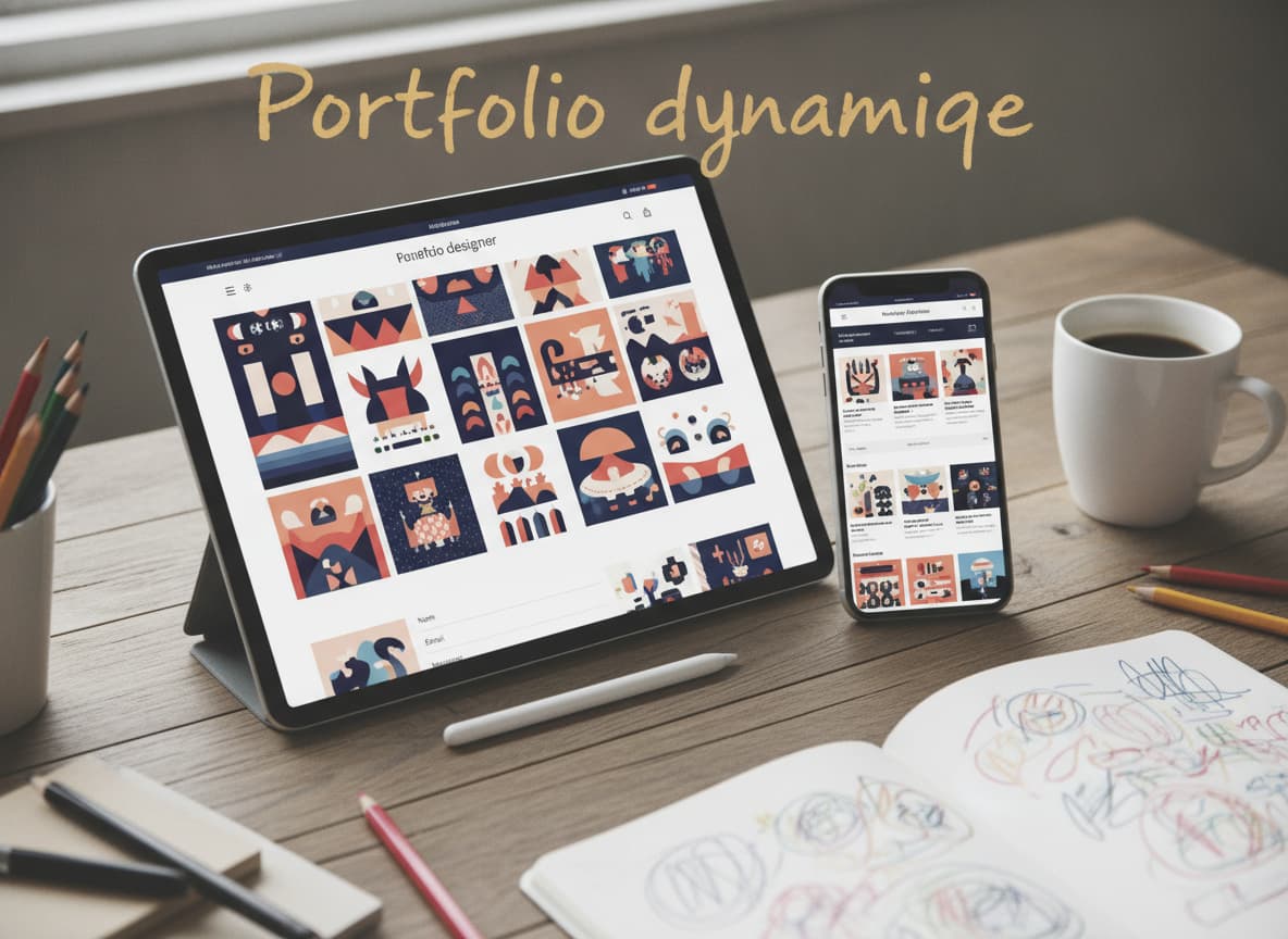 Une tablette et un smartphone posés côte à côte affichent le site web d'un designer graphique avec une galerie d'illustrations colorées, un formulaire de contact et l'inscription discrète Portfolio dynamique.