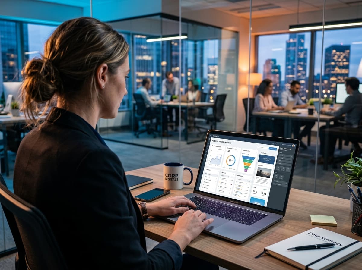 Un professionnel du marketing vu de dos devant un ordinateur portable affichant un tableau de bord CRM intégré à un constructeur de site web, dans un bureau moderne aux murs vitrés éclairé de lumières bleues et orange.