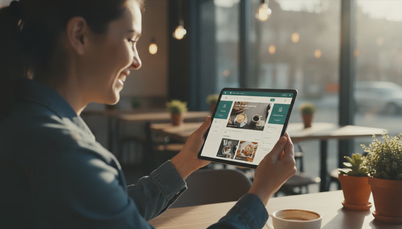 Propriétaire d'une petite entreprise souriant en consultant une tablette affichant une interface de création de site web, dans un café moderne baigné de lumière naturelle.