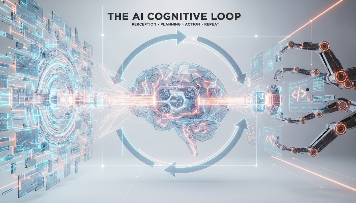 Un rendu 3D conceptuel présente une boucle cognitive avec des flux de données à gauche, un cerveau géométrique lumineux au centre et des bras mécaniques à droite sur un fond blanc épuré.