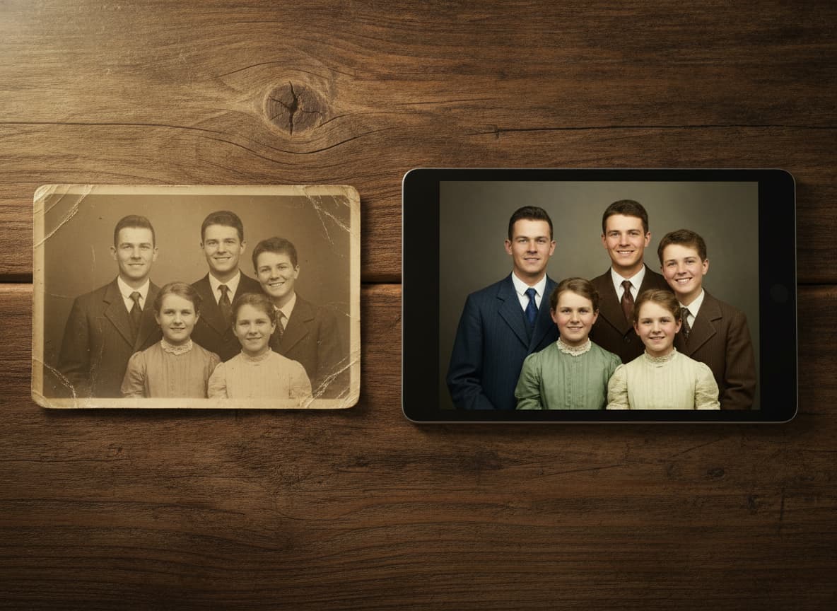 Une photographie ancienne en noir et blanc abîmée repose sur une table en bois à côté d'une tablette affichant sa version restaurée en couleurs, sous un éclairage chaleureux.