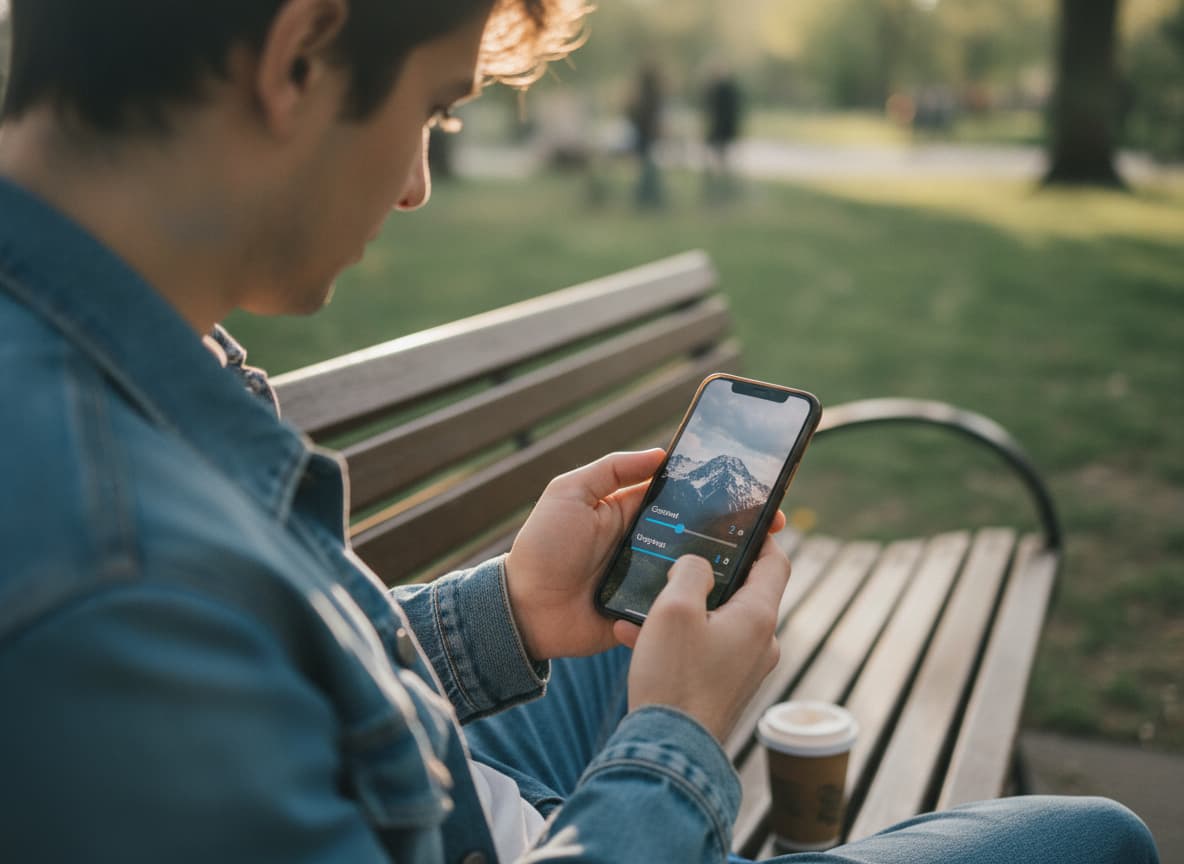 Un utilisateur retouche une photo de paysage sur son smartphone, assis sur un banc de parc en bois, les mains visibles manipulant les curseurs de contraste et de netteté sous la lumière naturelle du soleil, avec un arrière-plan de verdure légèrement flou.
