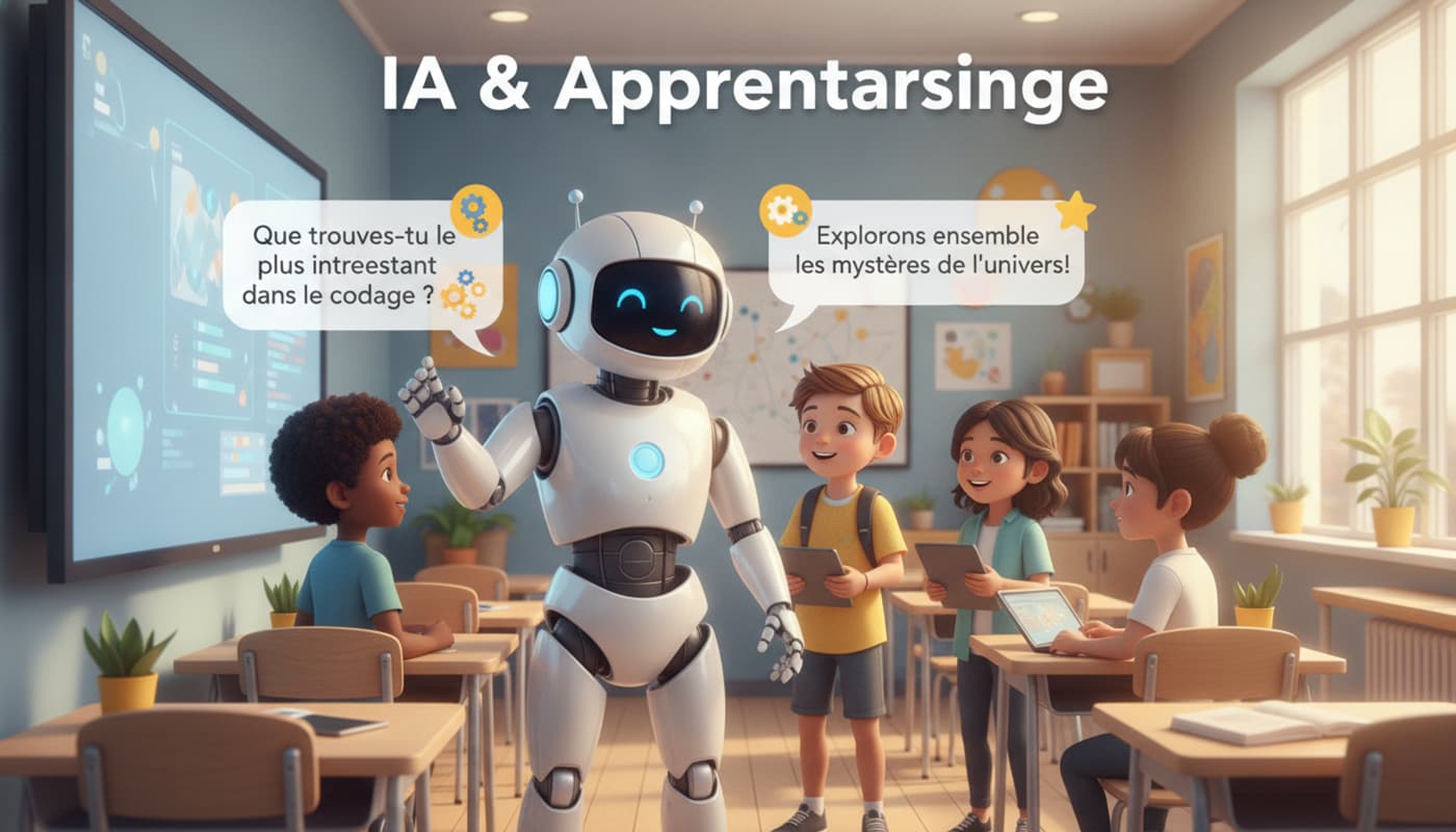 Un robot humanoïde amical et souriant discute avec des étudiants assis dans une salle de classe lumineuse aux tons bleus et jaunes, tandis que le texte 'IA & Apprentissage' s'affiche en superposition.