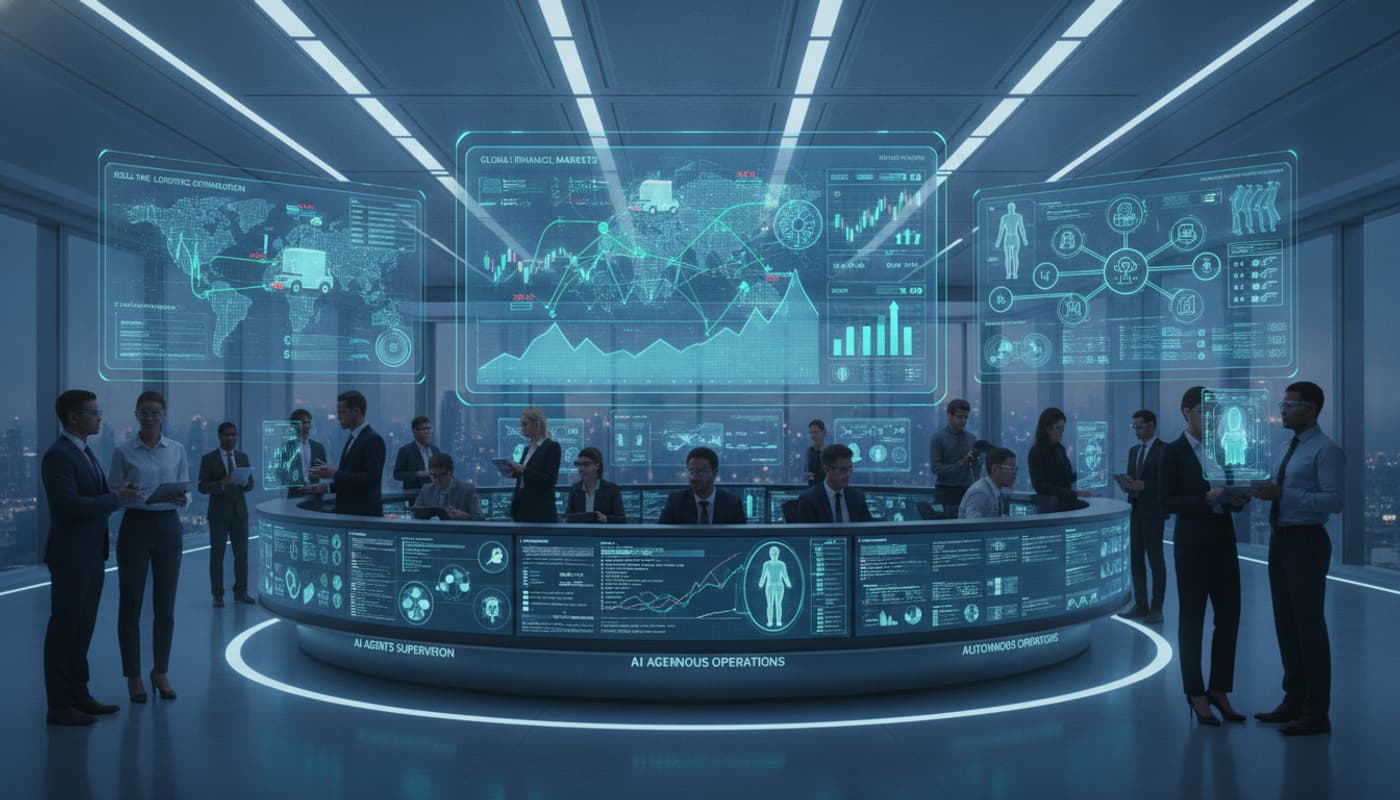 Une salle de contrôle moderne avec une équipe diversifiée de professionnels collaborant autour de grands tableaux de bord holographiques affichant des données en temps réel de logistique, finances et santé, sous une supervision humaine d'agents IA autonomes, avec un éclairage cinématographique.