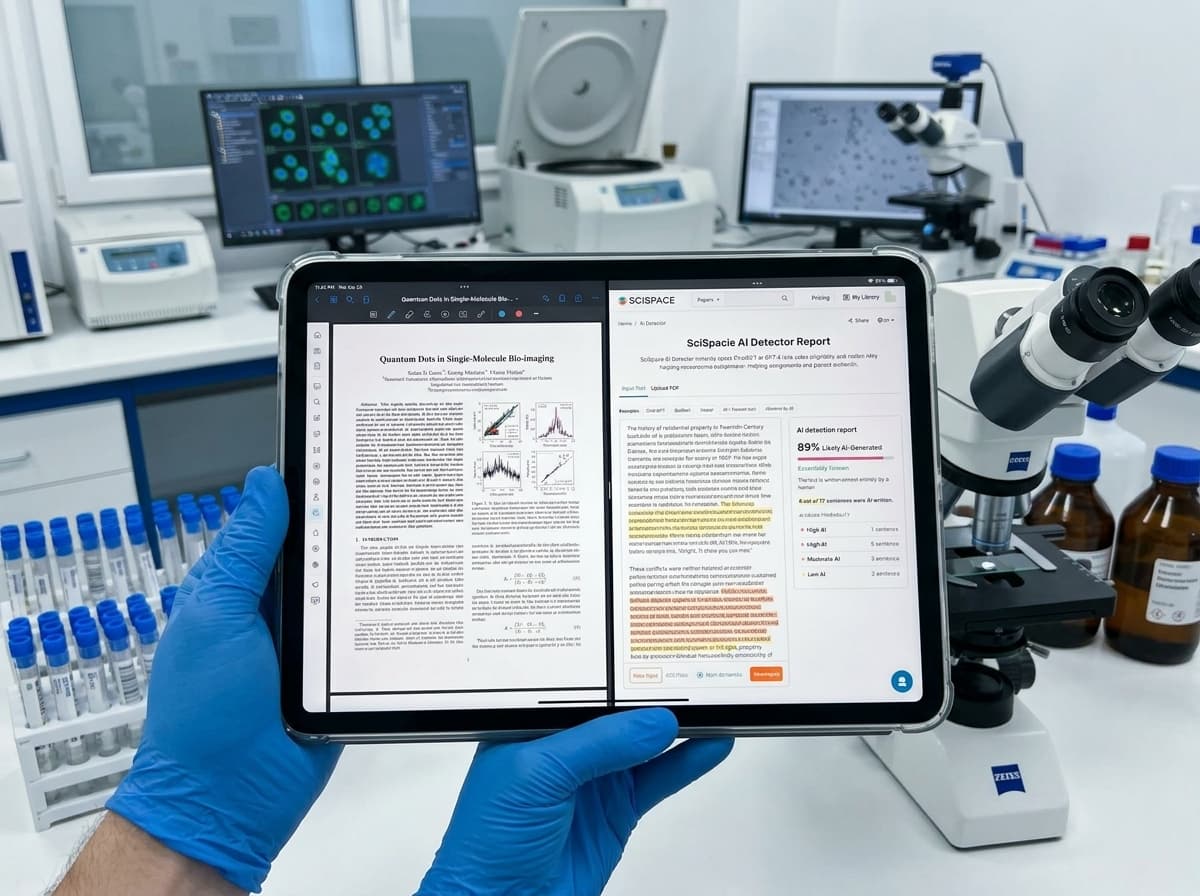 Une tablette affichant une comparaison en écran partagé entre un article de recherche et le rapport d'analyse du détecteur IA SciSpace, posée sur un bureau de laboratoire avec en arrière-plan des équipements scientifiques.
