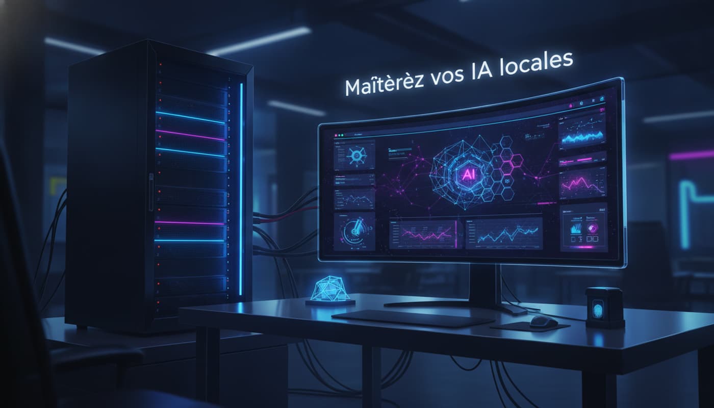 Un serveur rack lumineux connecté à un moniteur affichant une interface web futuriste dans un espace de travail en mode sombre, avec des accents néon bleus et violets, et le texte 'Maîtrisez vos IA locales' superposé.