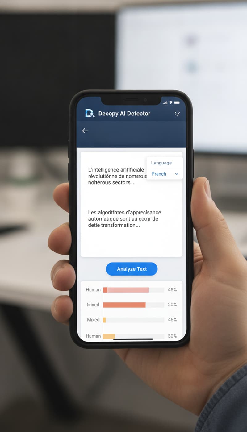 Un smartphone tenu au-dessus d'un document papier affiche l'interface de l'application Decopy AI Detector avec un menu de sélection de langue.